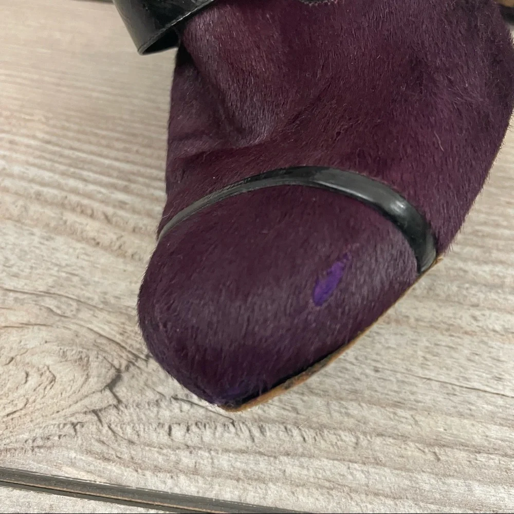 Sonia Rykiel Purple Fur Boots Women’s 8.5 Leather Buckle Block Heel‎